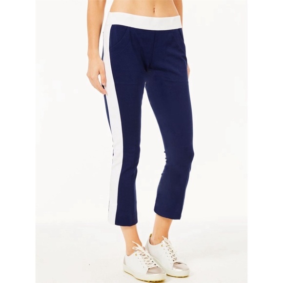 Belyn Key Navy Blue Side Stripe Knit Track Pants Sz S - Picture 1 of 9